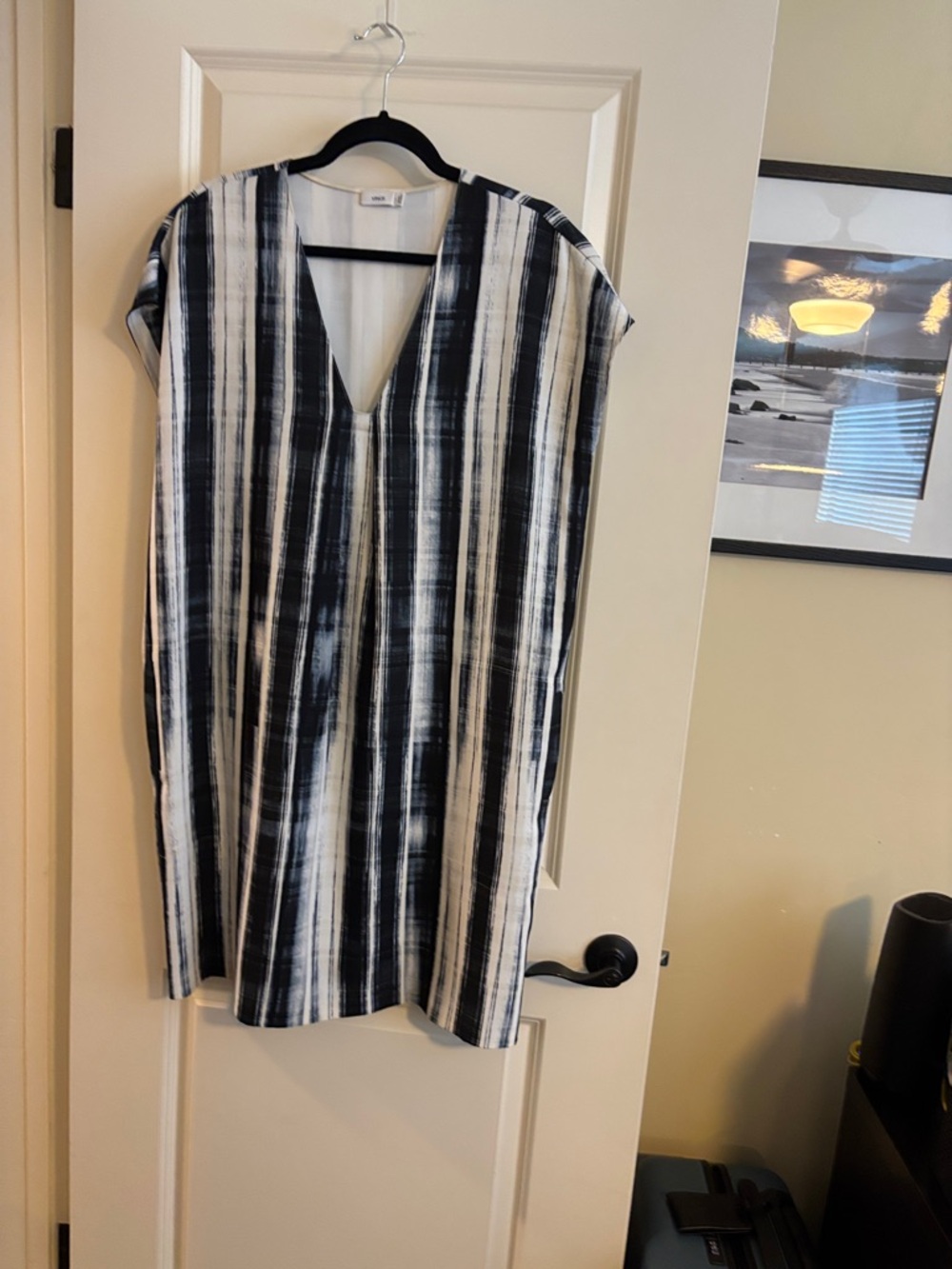 Vince Navy and Cream Striped V-Neck Dress